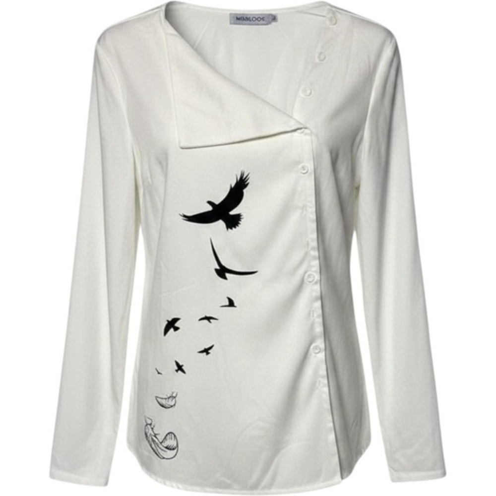 Misslook Asymmetrical Bird Print Blouse Women Large White Long Sleeve Top